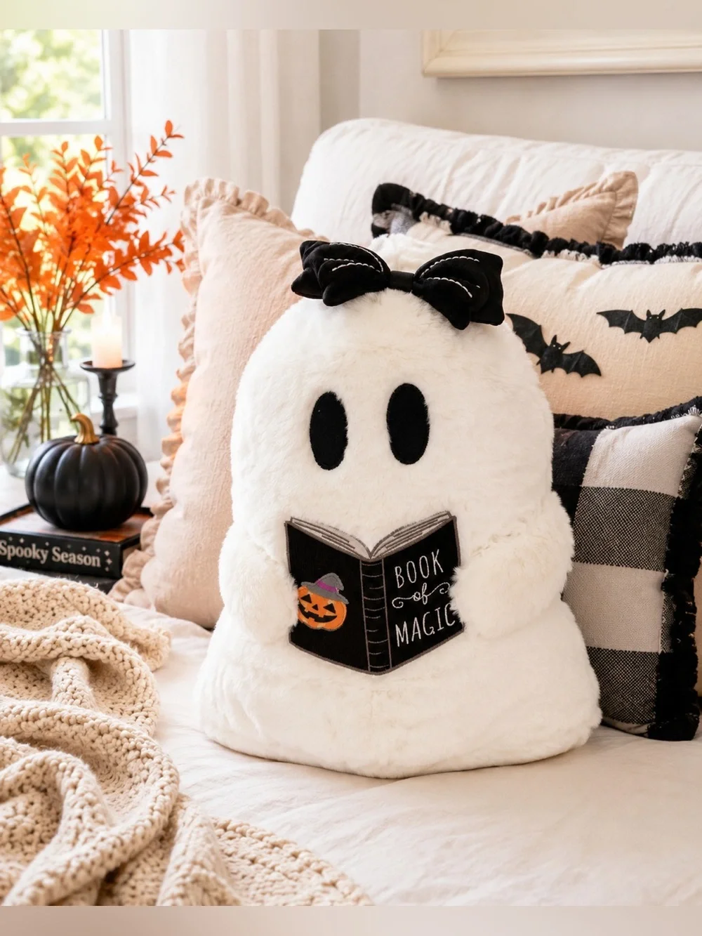 NWT Plush Ghost “Book of Magic” Halloween Pillow with Black Bat Bow